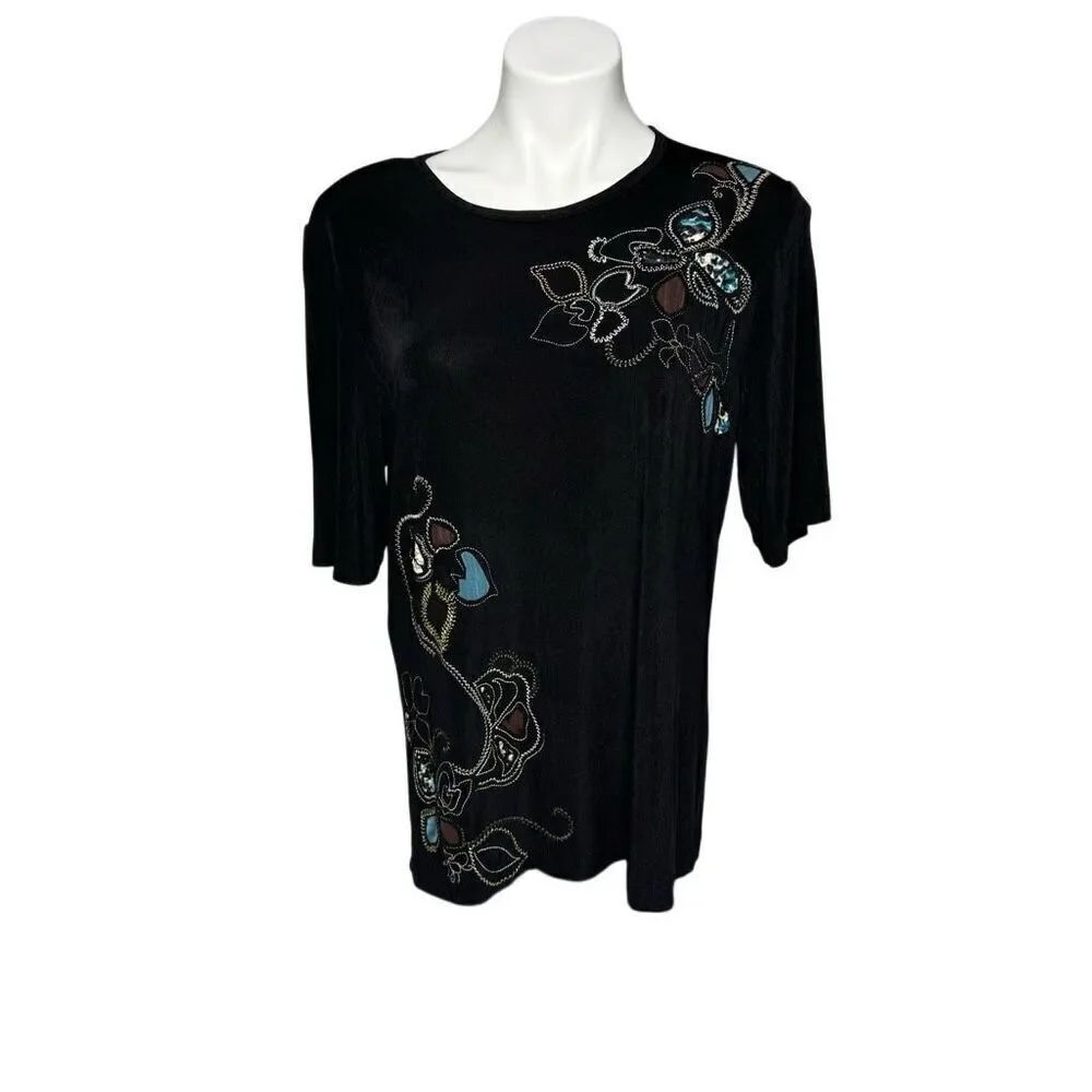Chico’s travelers black embroidered floral short sleeve top size 2 (L)